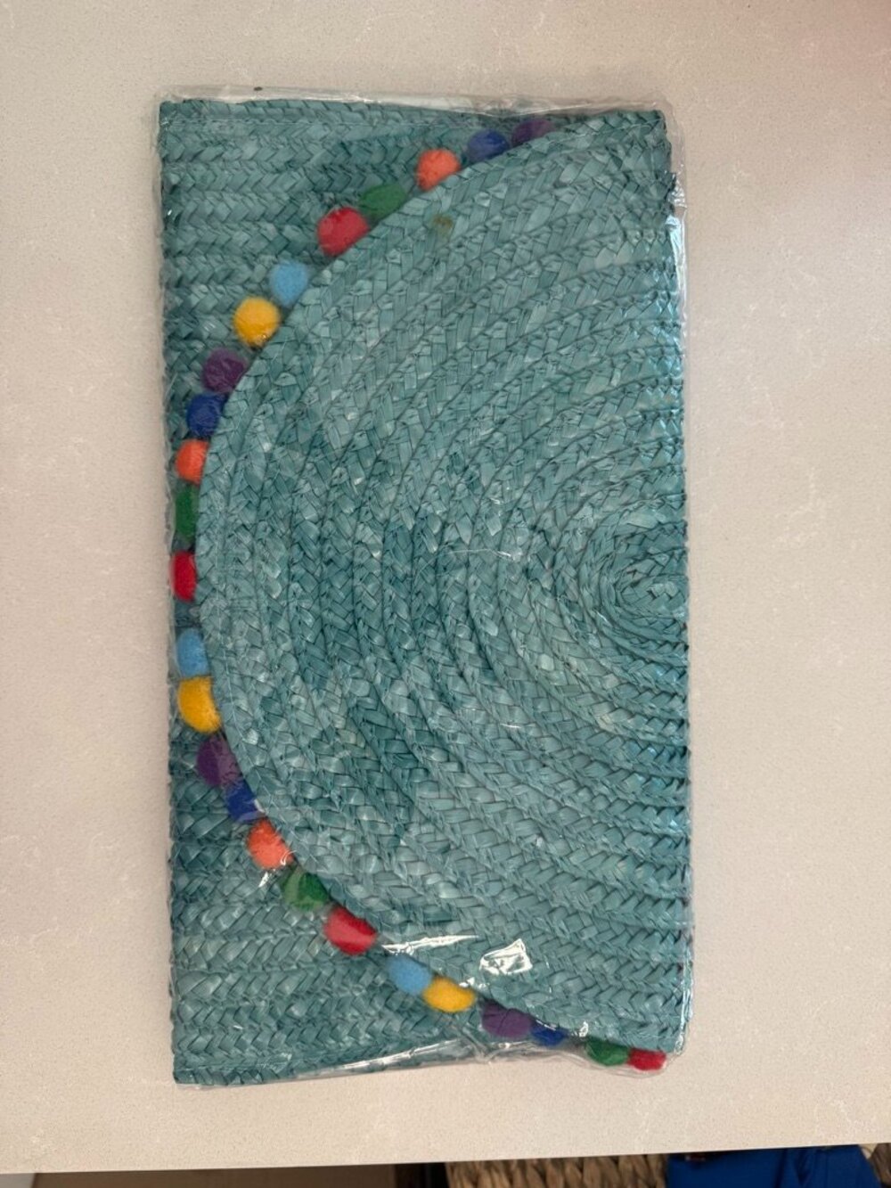 NWT Turquoise Woven Straw Pom Pom Foldover Clutch Boho Beach Envelope Bag